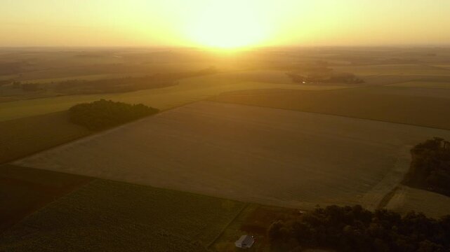 Aerial view of an agricultural field in Paraguay, with a beautiful sunset in the background