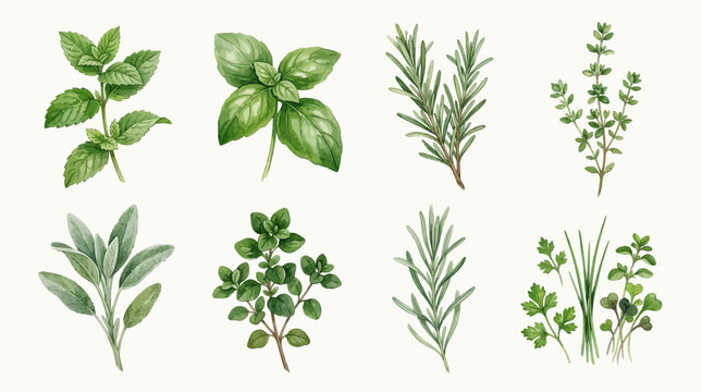Hand Painted Watercolor Botanical Illustration of Culinary Herbs Including Mint Basil Rosemary Thyme Sage Oregano and Parsley Set on a White Paper Background.