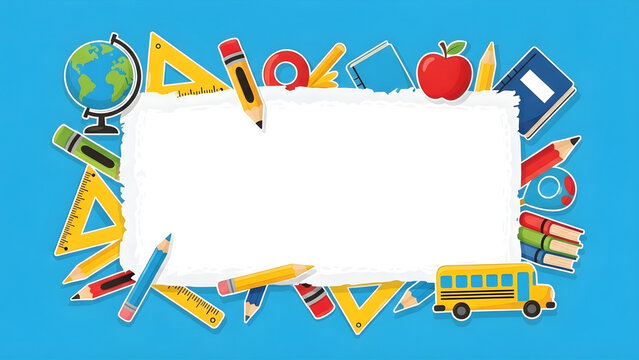 Back to school educational background with torn paper copy space, colorful flat vector school supplies, school bus, globe, and apple on blue background.