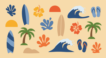 Obraz premium Summer beach vacation elements set with surfboards and tropical flowers