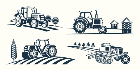 four different tractors are shown in various agricultural scenes Vector © Lap