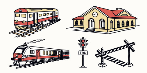 a train and a train station with railroad crossing Vector © Lap