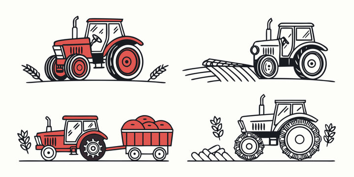 four different tractors on various backgrounds Vector