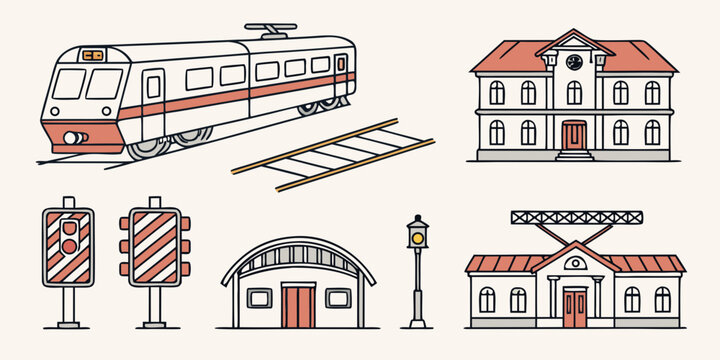 a collection of transportation and building icons Vector