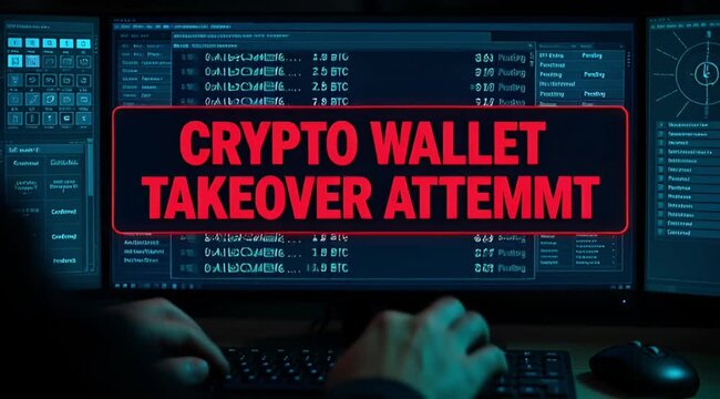 Young hacker intently focuses on a computer screen displaying a critical crypto wallet takeover attempt.