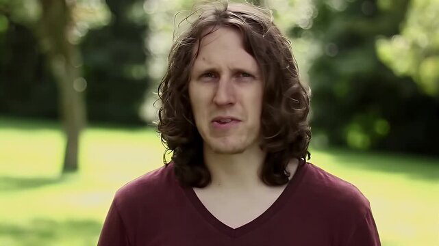 Young man with a concerned expression outdoors