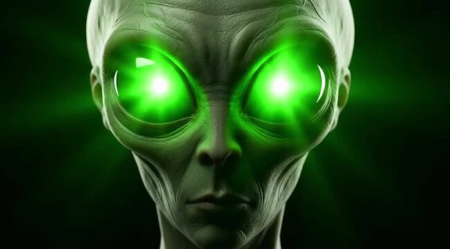 Alien Face Close Up with Glowing Green Eyes Visual. Extreme close up of an alien face with intense glowing green eyes.