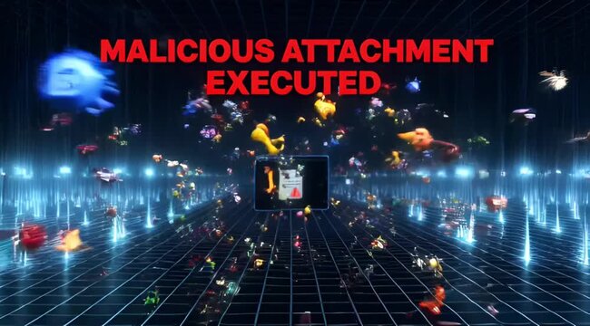 Malicious attachment execution unleashes a dangerous cyber security virus attack on a digital system