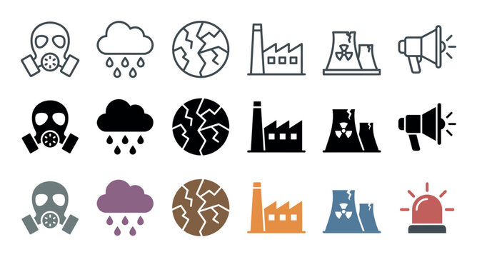 Collection of environmental and disaster warning icons depicting climate change, pollution, and global threats in various styles.
