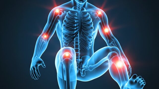 Digital Illustration of Human Skeleton with Transparent Body Showing Bone Structure in Blue Tones