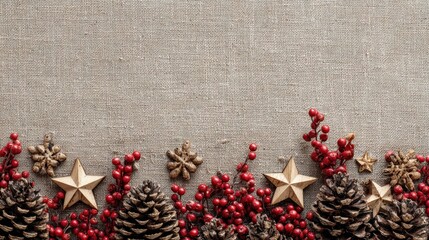 Festive Christmas border with pine cones red berries and golden stars on a textured neutral background evoking holiday cheer and winter season