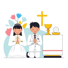 Illustration of a boy and girl praying with religious objects © Radika