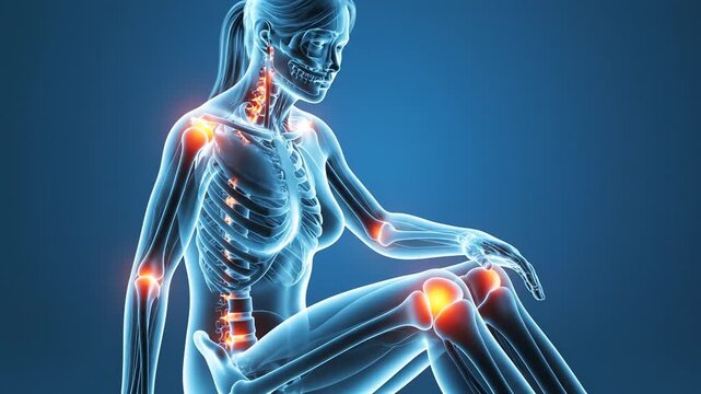 Digital Illustration of a Female Skeleton with a Focused Knee Pain Area in Blue Tones