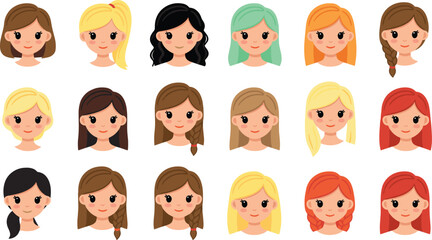 Cute girls avatar set with different hairstyles, cartoon female characters with blonde brown red and black hair, kids style portrait vector collection