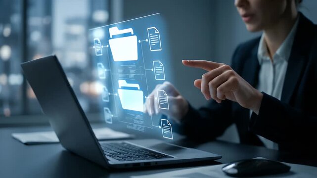 A businesswoman interacts with a holographic interface on a laptop, showcasing innovative technology and digital data management, captured with a cinematic slow pan for a modern corporate setting.