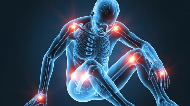 Digital Illustration of Human Skeleton Highlighting Joints in a Sitting Pose with Glowing Elements