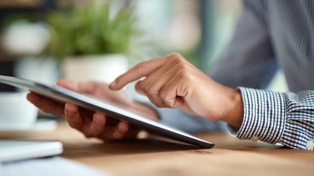 Person holding tablet and reading article on device screen closely