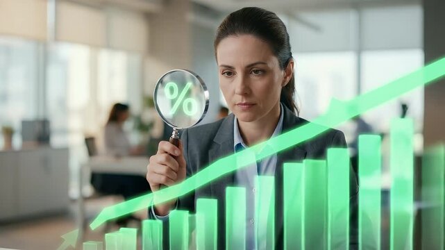 A focused businesswoman examines growth statistics with a magnifying glass, as dynamic graphs animate subtly in the background, captured in a cinematic office setting with smooth camera tracking.