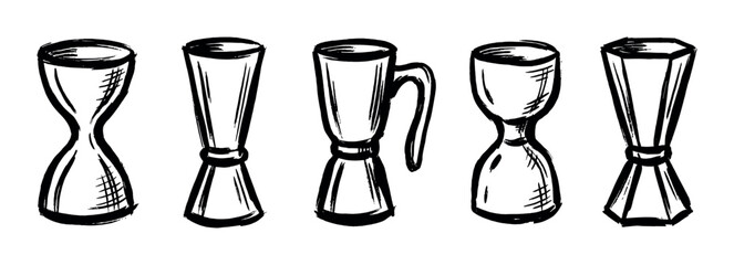 Hand-drawn sketch illustration of various jigger measuring cups, essential tools for bartending and cocktail preparation.