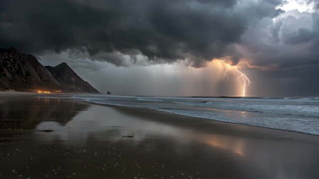 稲妻が走る海辺の山と、荒れ狂う海の迫力ある景色