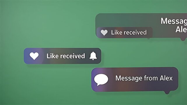 Social notification pop-ups appearing randomly in a seamless loop on green screen. Perfect for livestream overlays, app interface visuals, social media alerts, and digital communication graphics.
