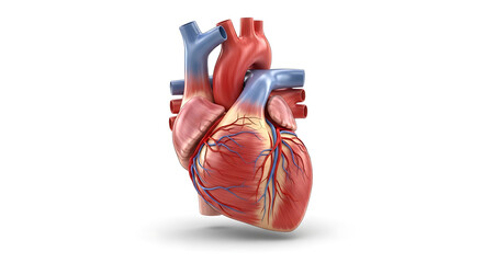 Detailed human heart model with arteries and veins on white background