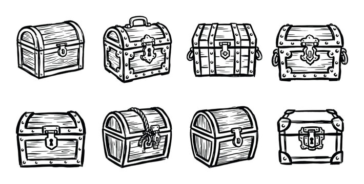 Collection of hand-drawn treasure chest illustrations, featuring various designs of wooden boxes with metal clasps and details.