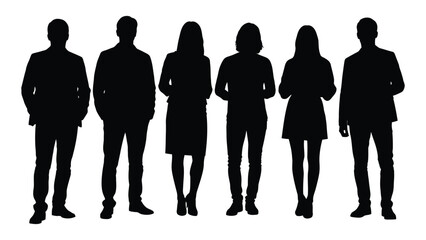 Silhouette of a diverse group of people standing together in a line, representing unity and solidarity among individuals with different personalities and characteristics © SILHUETTECHEMBER