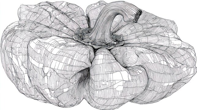 Detailed line drawing illustrates the complex ribbed texture of a large squash variety from above