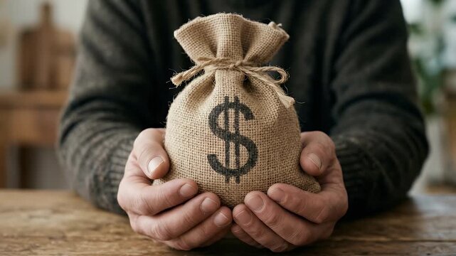 A steady tracking shot reveals a person gently holding a money bag, emphasizing the themes of finance and wealth in a realistic, ambient scene with soft lighting and subtle background motion.