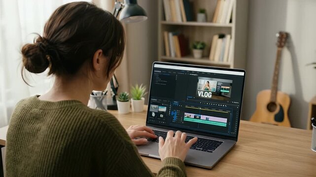 A woman edits a vlog on her laptop in a cozy, sunlit home office, with a slow pan revealing vibrant decor and gentle ambient motion from nearby plants, creating a warm, cinematic atmosphere.