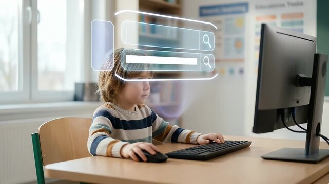 A young child explores digital learning at a computer, with a gentle camera pan showcasing curiosity and engagement in a bright, educational environment, captured in a cinematic style.