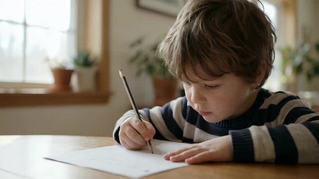 A young boy writes thoughtfully at a wooden table, captured in a cinematic style with slow camera pan and gentle ambient motion, highlighting creativity and learning in a warm, inviting setting.