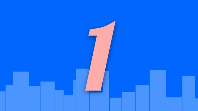 Animation of a colorful countdown timer from five to one over a blue cityscape background