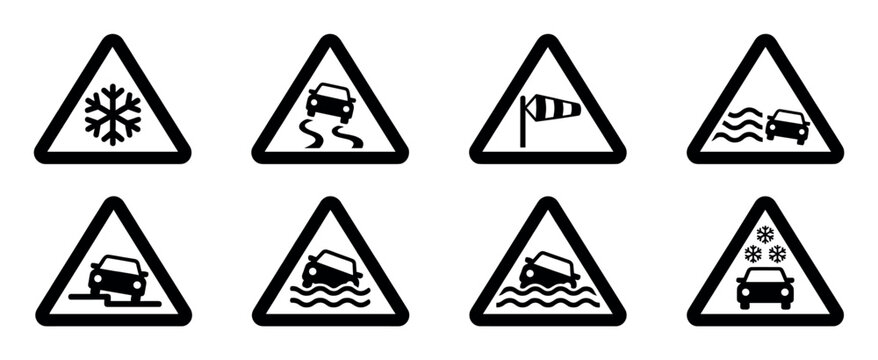 Collection of eight triangular warning signs illustrating various hazardous road conditions and weather-related driving dangers.