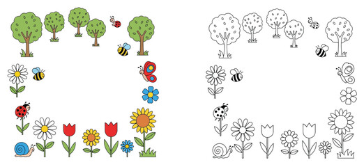 Cute spring nature frame with cartoon trees, flowers, and insects. Color illustration and black and white line art coloring page border for kids. © MSTA