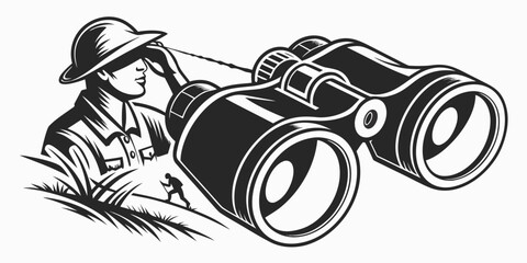 a man wearing a safari hat looks through binoculars Vector © Hemal