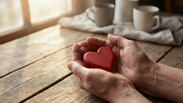 Capture a cinematic scene of gentle hands cradling a red heart on a rustic wooden table, with a slow pan that reveals warm ambient light and soft background motion to evoke feelings of love and connec