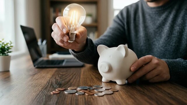 Capture a close-up of a person holding a glowing light bulb above a piggy bank on a wooden table, with gentle ambient motion as coins subtly shift, in a cinematic style.