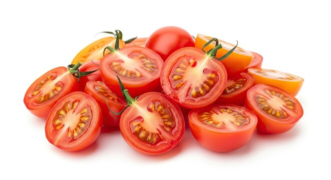 A pile of halved cherry tomatoes rests on a white surface. The tomatoes are vibrant red with green stems and leaves.