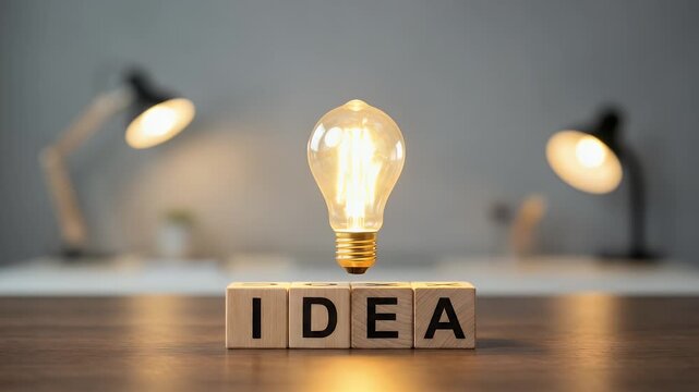 Capture a close-up scene of a hand placing a glowing light bulb over wooden blocks spelling IDEA, with a slow pan and gentle ambient lighting shifts for a cinematic, inspirational atmosphere in a mode
