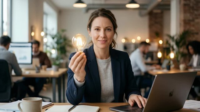 Capture a confident professional woman in a modern office, holding a glowing light bulb, as the camera slowly pans to reveal colleagues working, creating an inspiring and innovative atmosphere in a ci