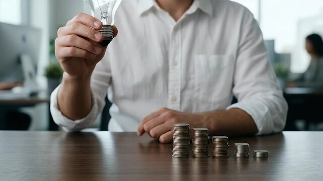 Capture a dynamic office scene featuring a thoughtful individual holding a light bulb, with a slow pan revealing stacks of coins, embodying a realistic, innovative atmosphere of investment and creativ