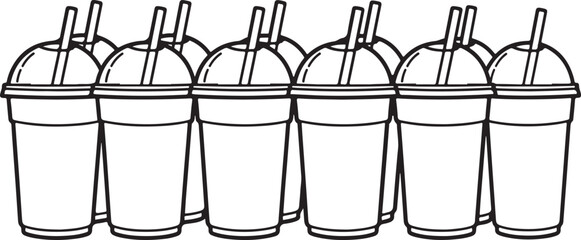 Line of identical plastic cups with straws and dome lids. Vector © Runa