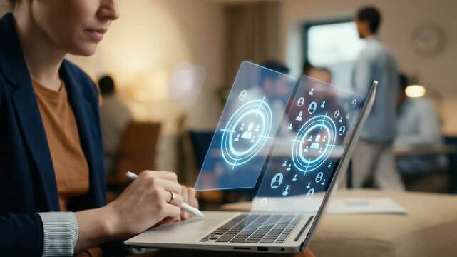 Capture a focused professional engaging with advanced technology, showcasing seamless screen interaction while the camera gently pans across a modern workspace, highlighting collaboration and innovati