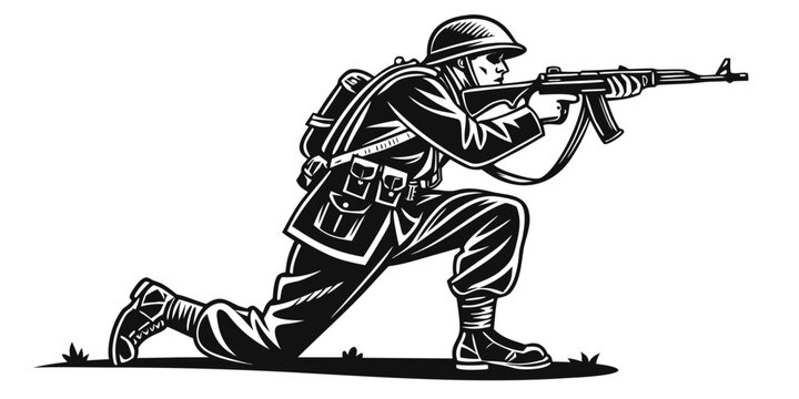 a soldier is kneeling and aiming a rifle Vector