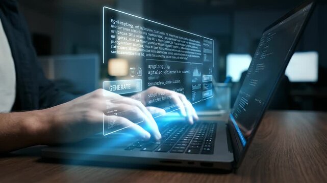 Capture a focused programmer typing on a laptop, with code animations appearing on the screen, in a cinematic style featuring a slow pan and gentle ambient motion to enhance the tech atmosphere.