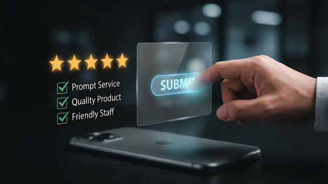 Capture a hand gently pressing a glowing Submit button on a transparent screen above a smartphone, with a slow zoom-in effect, in a sleek, modern cinematic style highlighting digital interaction and u