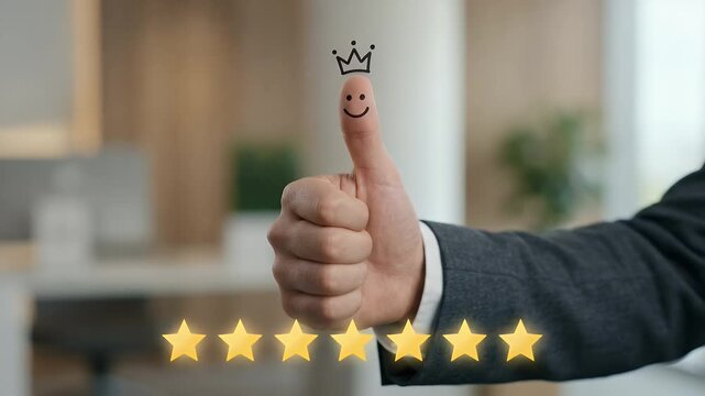 Capture a professional hand giving a thumbs-up with animated smiley and crown, gently panning over a modern office background, conveying positive feedback and customer satisfaction in a cinematic styl