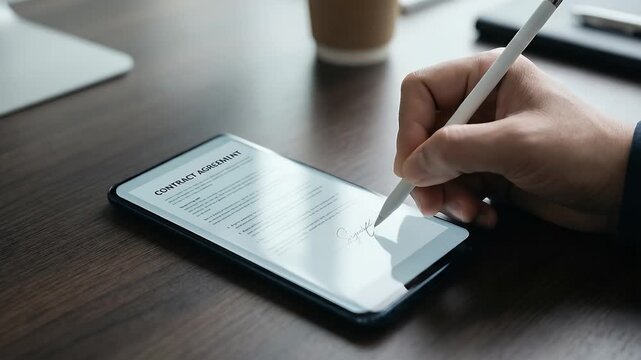 Capture a professional hand signing a digital contract on a tablet, with a smooth camera pan across the scene, highlighting the modern workspace's ambient motion in a sleek, cinematic style.